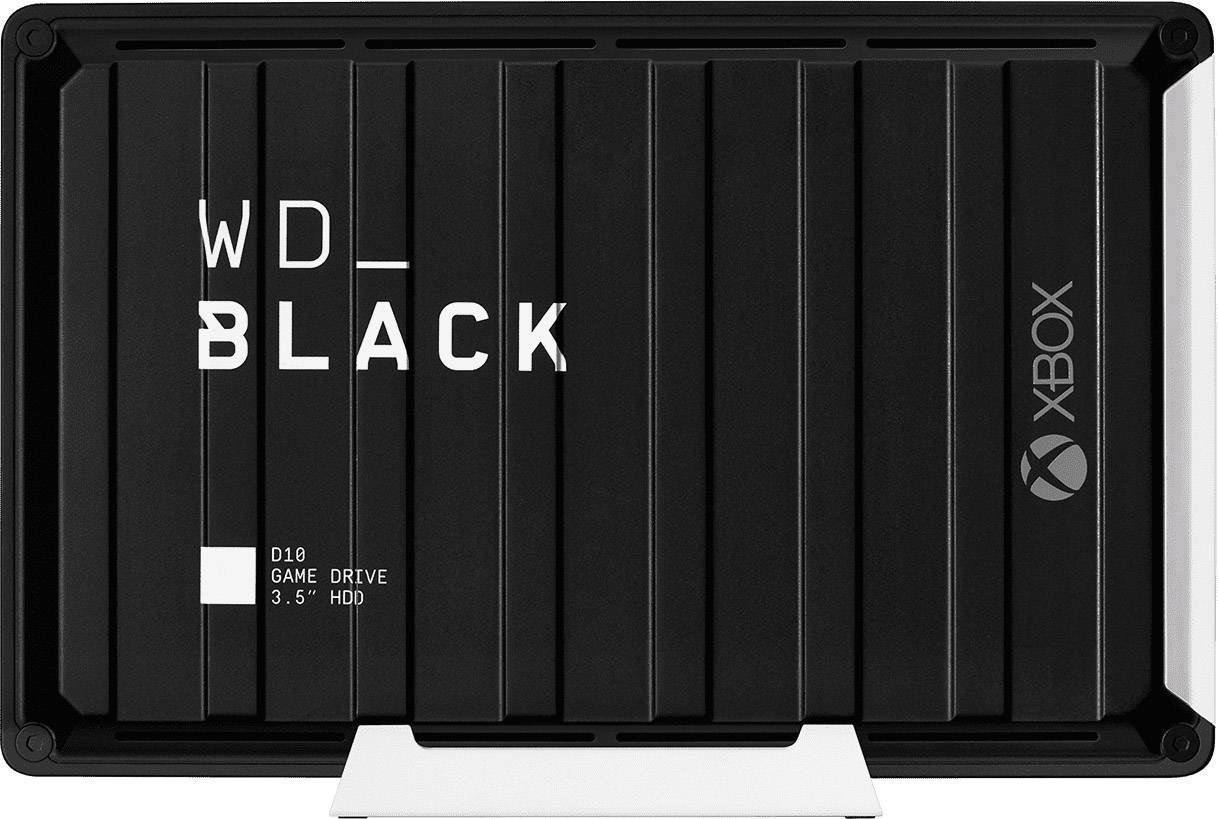 Disque dur externe WD_Black D10 Game Drive, compatible avec Xbox, forme rectangulaire, boîtier noir avec texte blanc.