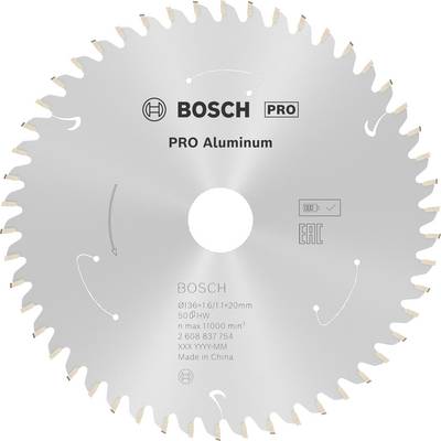 Lame de scie circulaire portant l'inscription 'BOSCH PRO Aluminum'. Diamètre 136 mm, 50 dents, adaptée pour l'aluminium. Fabriqué en Chine.