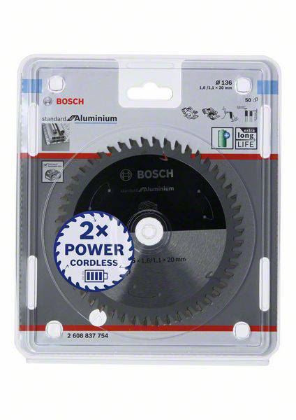 Emballage d'une lame de scie circulaire Bosch pour aluminium, montrant la lame avec l'inscription '2x Power Cordless'. 50 dents, diamètre de 136 mm.