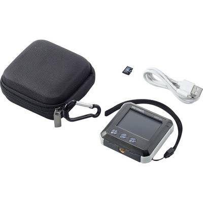 'Appareil de mesure portable avec écran, câble USB, carte SD et étui noir avec mousqueton.'
