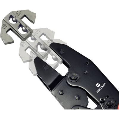 Pince à sertir noire Toolcraft de type professionnel avec tête métallique interchangeable pour différentes longueurs de câbles. Fonction principale : sertir les embouts de câbles.