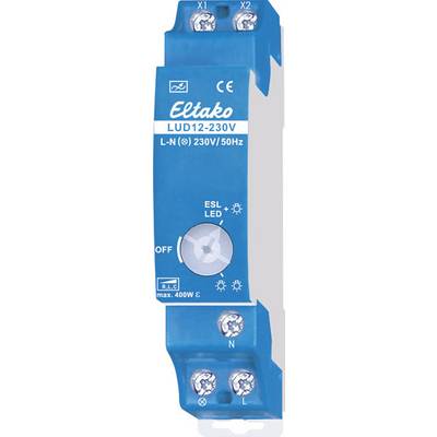 Module bleu avec touches et bornes à vis, portant les inscriptions 'Eltako' et 'LUD12-230V', destiné au contrôle d'appareils électroniques.