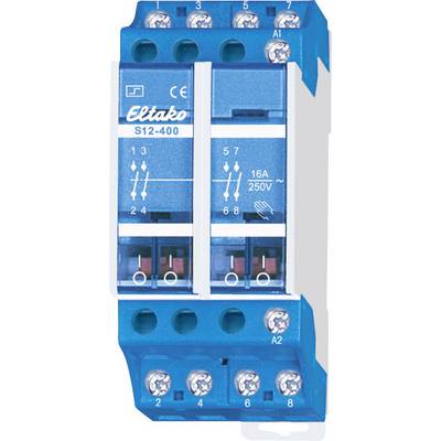 Un interrupteur de commande de courant Eltako bleu, modèle S12-400, marqué '16A 250V', pour circuits électriques dans les tableaux de distribution.