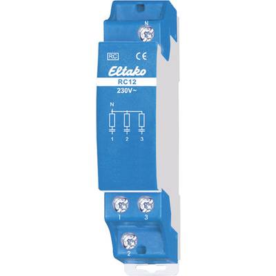 Un actionneur de commutation Eltako RC12 bleu avec trois bornes à vis. En haut, deux connexions sont marquées N, en bas trois marquées 1, 2 et 3.