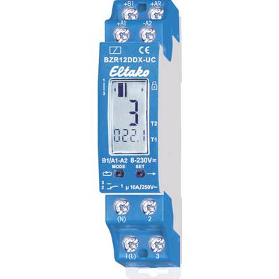Un compteur d'énergie électrique bleu d'Eltako avec affichage numérique indique la valeur '3'. L'appareil est adapté pour 8-230V.