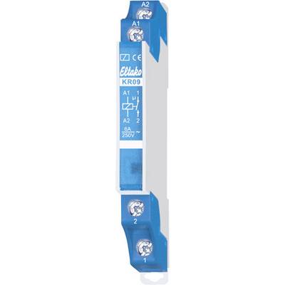 Composant électronique bleu et blanc de la marque Eltako, modèle KR09, pour 6A 250V~, avec bornes de raccordement et marquage des symboles de commutation.