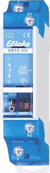 Relais de commutation bleu 'Eltako', modèle 'XR12-100', avec une capacité de 25A, 250V. Bornes à vis en haut et en bas, marquage CE visible.