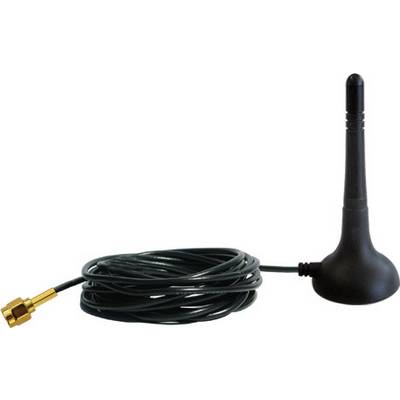 Antenne noire avec un long câble et un connecteur doré ; adaptée pour l'amplification de signaux sans fil, repose sur un socle plat.