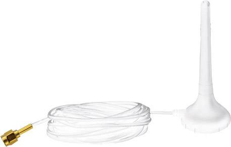 Une antenne blanche avec un long câble et une fiche dorée. Adaptée pour la réception de signaux sans fil.