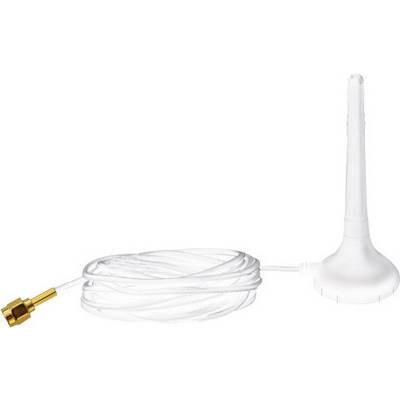 Une antenne blanche avec un long câble et une fiche dorée. Adaptée pour la réception de signaux sans fil.