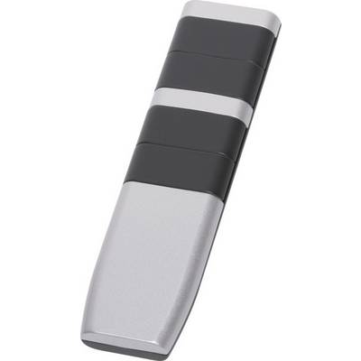 Un aimant argenté et noir en forme de large stylo, principalement utilisé pour fixer du papier sur des surfaces métalliques.