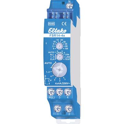 Actionneur radio bleu 'Eltako FSR14-4x' permettant de commander jusqu'à quatre sorties avec une automatisation temporelle réglable.