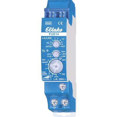 Un interrupteur variateur Eltako FUD14 bleu avec plusieurs régulateurs et étiquettes pour contrôler l'intensité lumineuse et la vitesse.