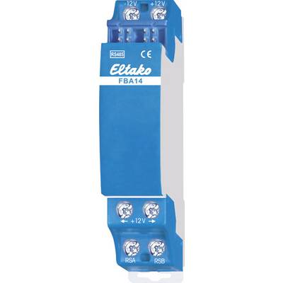 Module d'antenne radio multicanal bleu 'FBA14' d'Eltako avec connexion RS485, marquage CE et repères '+12V', 'RSA', 'RSB'.