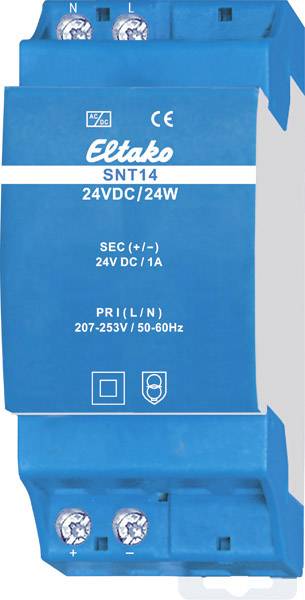 Relais bleu avec inscription 'Eltako SNT14', tensions de 24VDC/24W et 207-253V/50-60Hz, avec bornes pour câblage électrique.