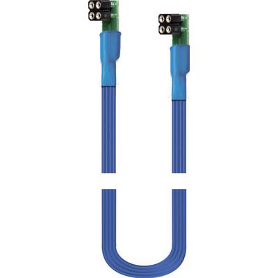 Un câble ruban bleu flexible, équipé de platines de connexion vertes à chaque extrémité.
