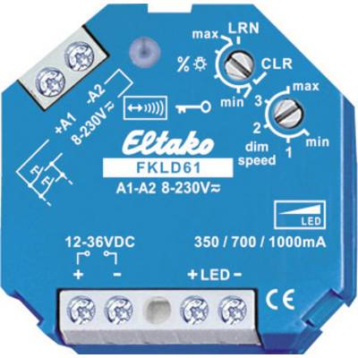 'Variateur de lumière radio bleu FKLD61 d'Eltako avec bornes de connexion, boutons de réglage pour la gradation lumineuse, et inscriptions relatives aux spécifications électriques.'