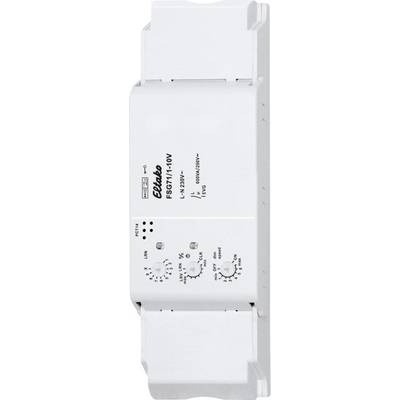 Un boîtier de commande électrique blanc pour montage sur rail DIN, équipé de plusieurs boutons rotatifs et touches. Logo Eltako en haut.
