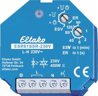 Commutateur de courant Eltako Bleu ESR61SSR-230V avec régulateurs pour ESV et ER, bornes de connexion en bas, marquage CE à droite.