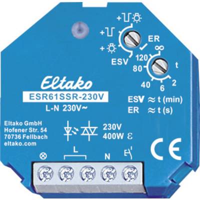 Commutateur de courant Eltako Bleu ESR61SSR-230V avec régulateurs pour ESV et ER, bornes de connexion en bas, marquage CE à droite.