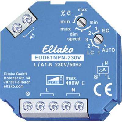 Actionneur variateur Eltako bleu EUD61NPN-230V pour 230V/50Hz ; charge max : 400W. Bouton rotatif pour régler la luminosité minimale et maximale.