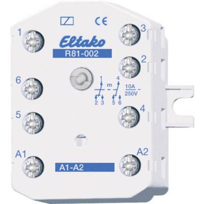 Un relais électrique Eltako, modèle R81-002, présente un schéma de câblage sur sa face avant, à côté de l'inscription '10A 250V'.
