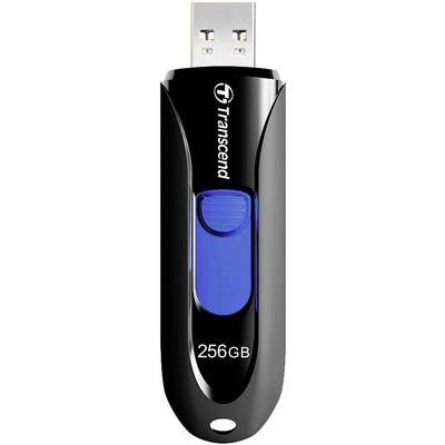 Clé USB Transcend de 256 Go, noir avec curseur bleu, pour le stockage et le transfert de données.