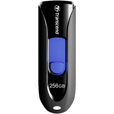 Clé USB Transcend de 256 Go, boîtier noir avec curseur bleu, adaptée pour le transfert et le stockage de données.