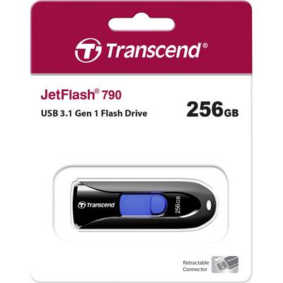 Emballage d'une clé USB Transcend JetFlash 790, 256 Go, USB 3.1 Gen 1, boîtier noir avec mécanisme coulissant bleu.
