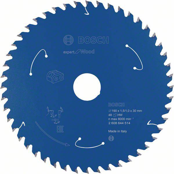 Lame de scie circulaire de Bosch, adaptée pour le travail du bois avec 48 dents. Diamètre : 190 mm. Vitesse de rotation maximale : 8000 tr/min. Fabriqué en Italie.