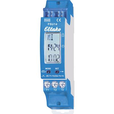 Module d'horloge numérique en boîtier bleu avec affichage et touches, indiquant l'heure et la date.