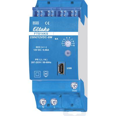 Un appareil électrique bleu, modèle 'Eltako FTS14KS', doté de connexions, d'un port USB et d'un commutateur rotatif réglable pour différents paramètres.