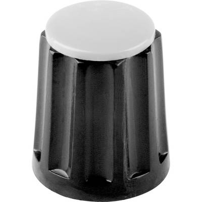 Un bouton noir strié avec une surface blanche, typiquement utilisé pour contrôler des appareils ou des instruments.