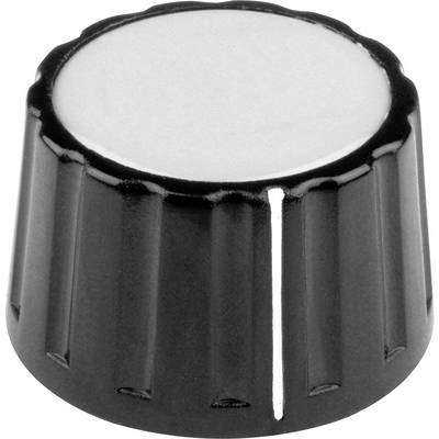 Un bouton noir à bord strié et à surface supérieure blanche. Utilisé pour le réglage ou le contrôle manuel d'un appareil.