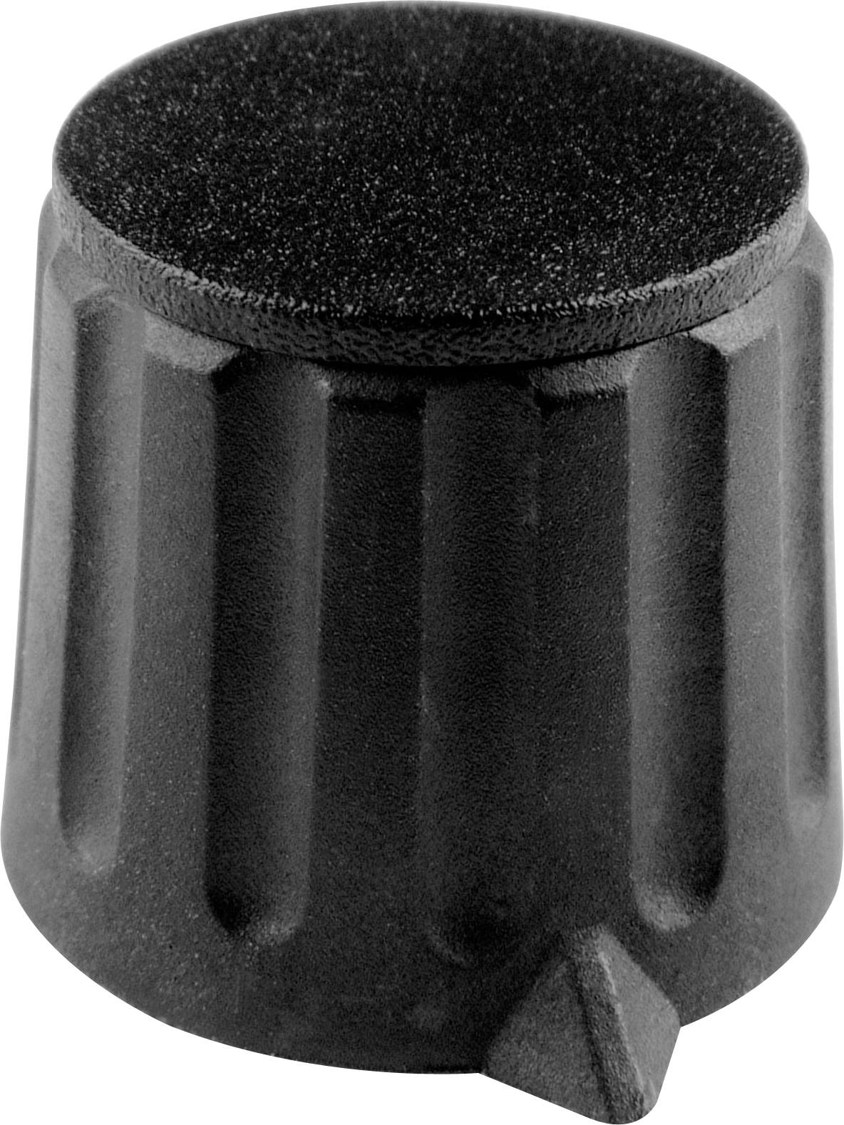 Un bouton rotatif noir, cannelé, doté d'un petit pointeur à sa base, pointe vers le bas. Le bouton a une surface mate.