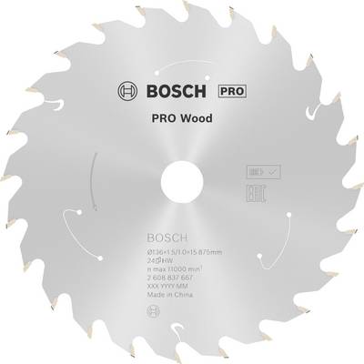 'Lame de scie Bosch, modèle PRO Wood, spécialement conçue pour le bois. Diamètre 160 mm, 24 dents, adaptée pour 11 000 tr/min.'