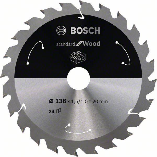 Lame de scie circulaire à 24 dents, adaptée pour le bois. Porte l'inscription 'Bosch' ainsi que les dimensions : Ø 136 mm, 1,5/1,0 x 20 mm.