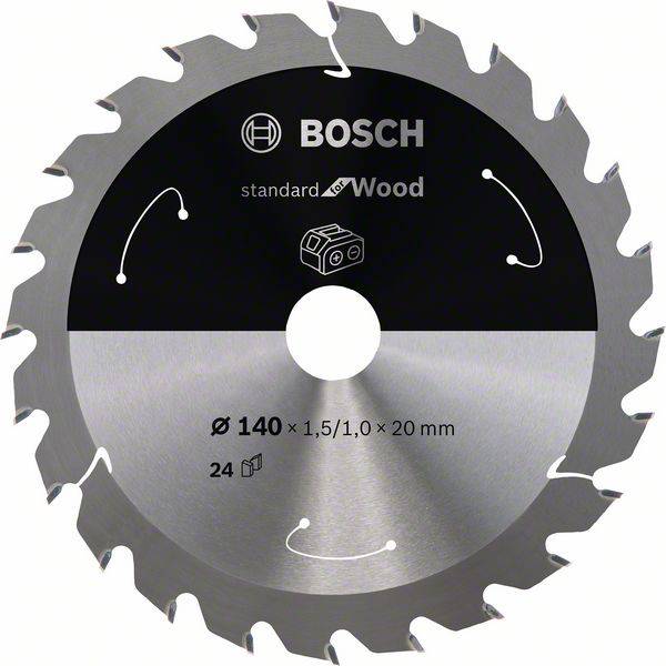 Lame de scie circulaire Bosch pour bois, diamètre 140 mm, 24 dents. Adaptée pour une coupe précise, avec des marquages clairs.