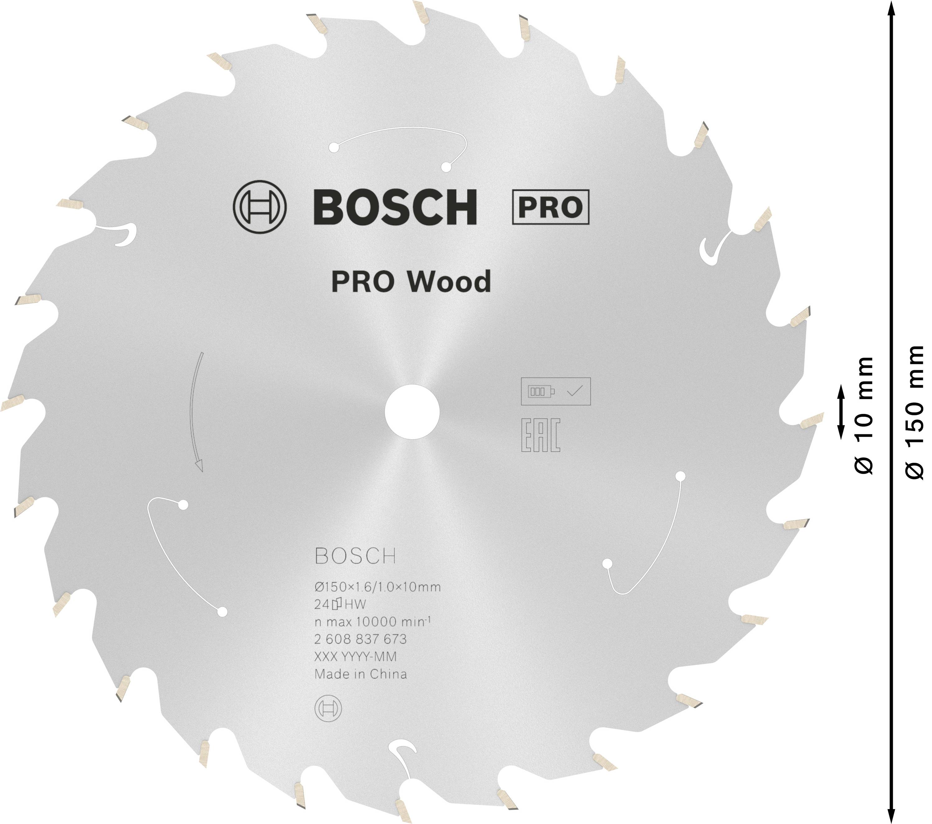 'Lame de scie Bosch, adaptée pour le bois, diamètre 150 mm, alésage 10 mm. Rotation maximale 10 000 tr/min. Fabriqué en Chine.'