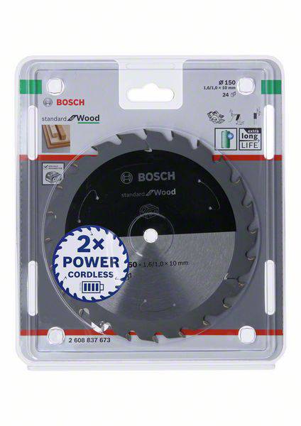 Lame de scie circulaire dans son emballage, marque Bosch, adaptée aux travaux sur bois, diamètre 150 mm, 24 dents, fonction 'Cordless' mise en valeur.