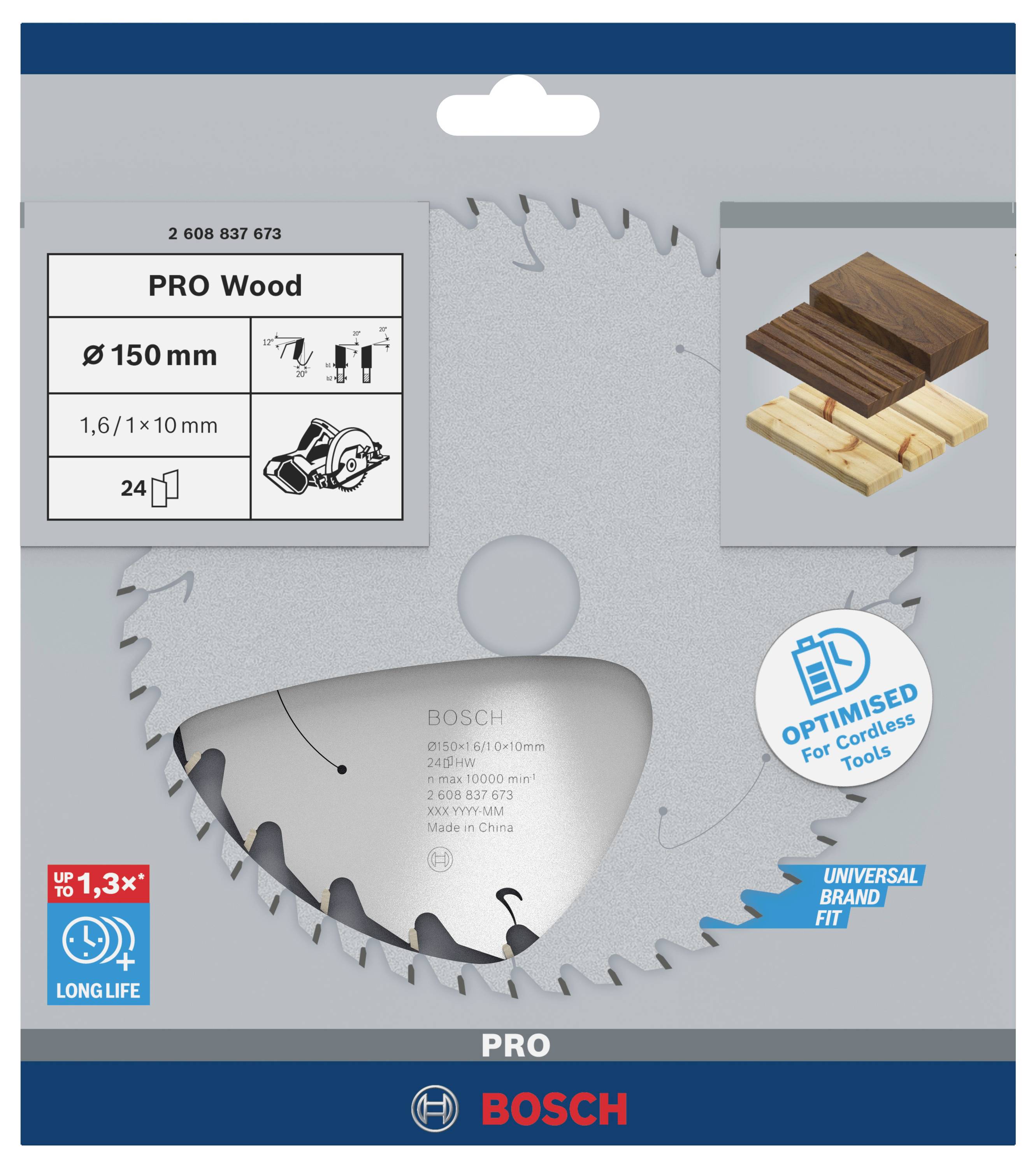 Emballage d'une scie circulaire Bosch Pro Wood de 150 mm de diamètre pour outils sans fil, optimisée pour les matériaux en bois, avec 24 dents.