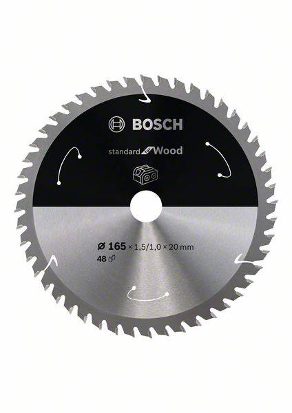 'Lame de scie circulaire Bosch pour bois, Ø 165 mm, 48 dents, adaptée aux coupes de bois, indique le sens de coupe, qualité robuste.'
