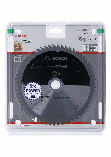 Lame de scie circulaire Bosch en emballage, adaptée au bois, diamètre 190 mm, 60 dents, avec indication de longue durée de vie et technologie 2x Power.