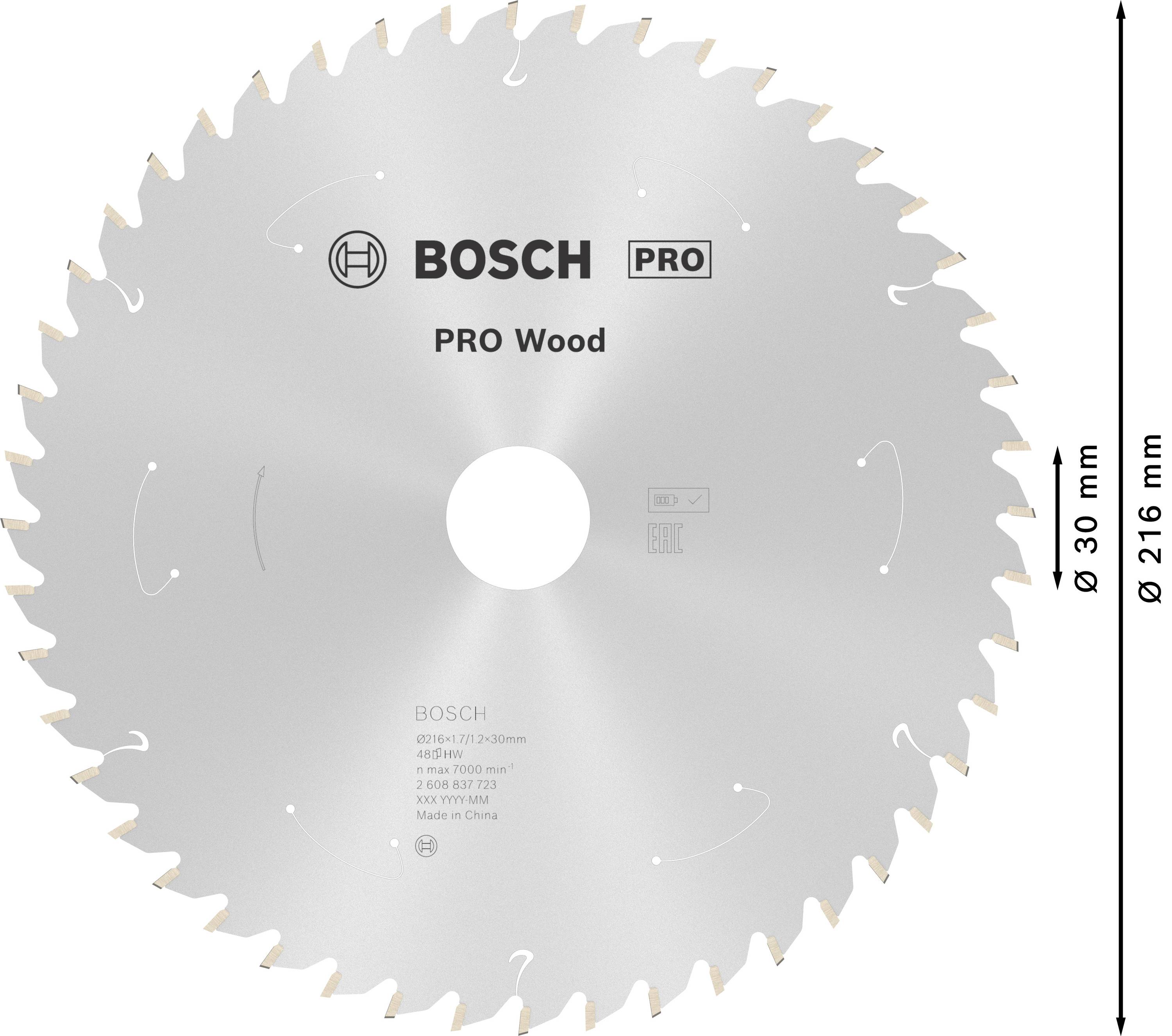 Lame de scie circulaire argentée avec 60 dents, inscription 'BOSCH PRO Wood', diamètre 216 mm, adaptée aux travaux sur bois.