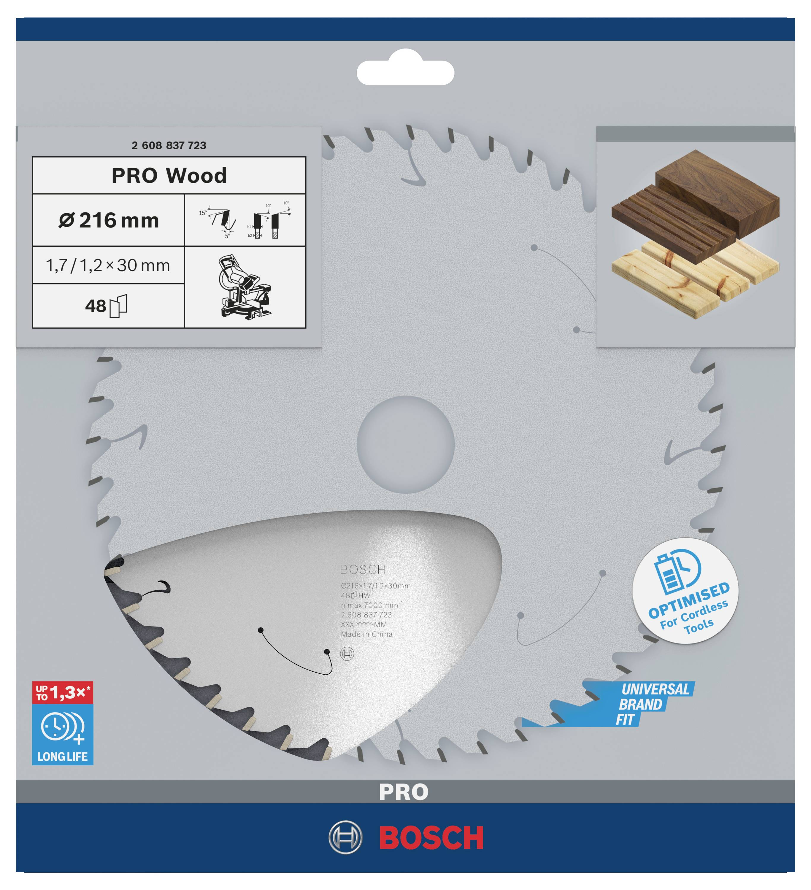 'Lame de scie Bosch PRO Wood, diamètre 216 mm, 48 dents, adaptée pour le bois.'