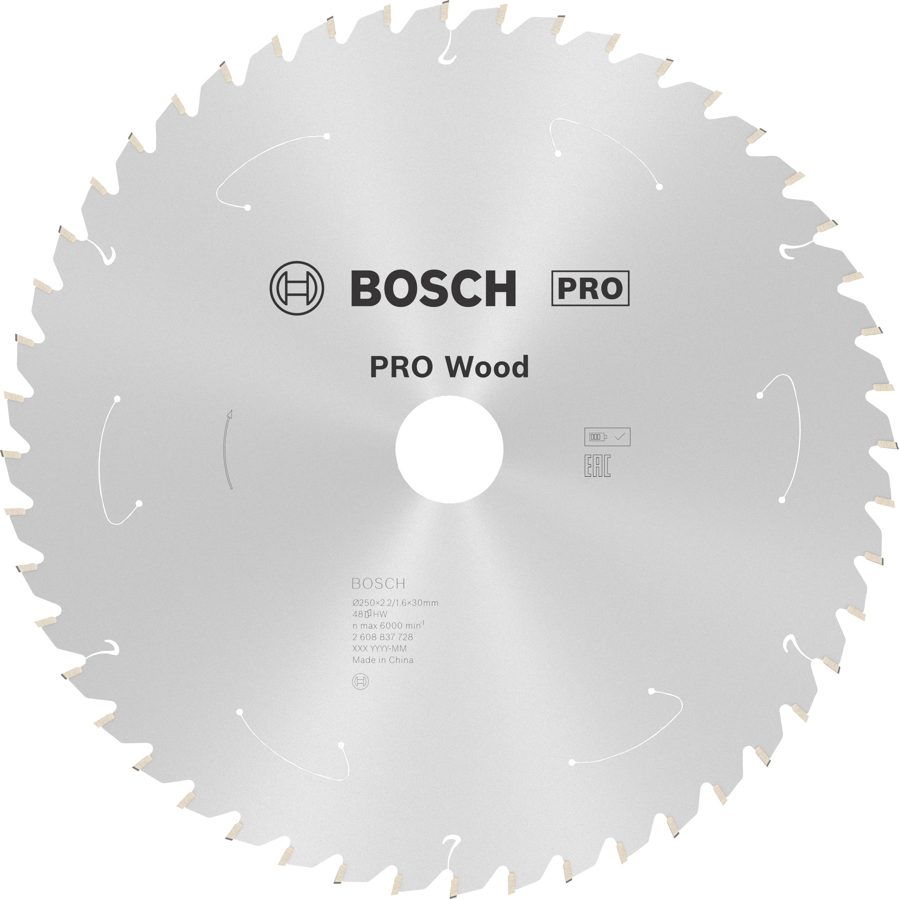 Lame de scie circulaire Bosch, adaptée pour le bois. Couleur argentée avec logo de marque et détails du produit au centre.