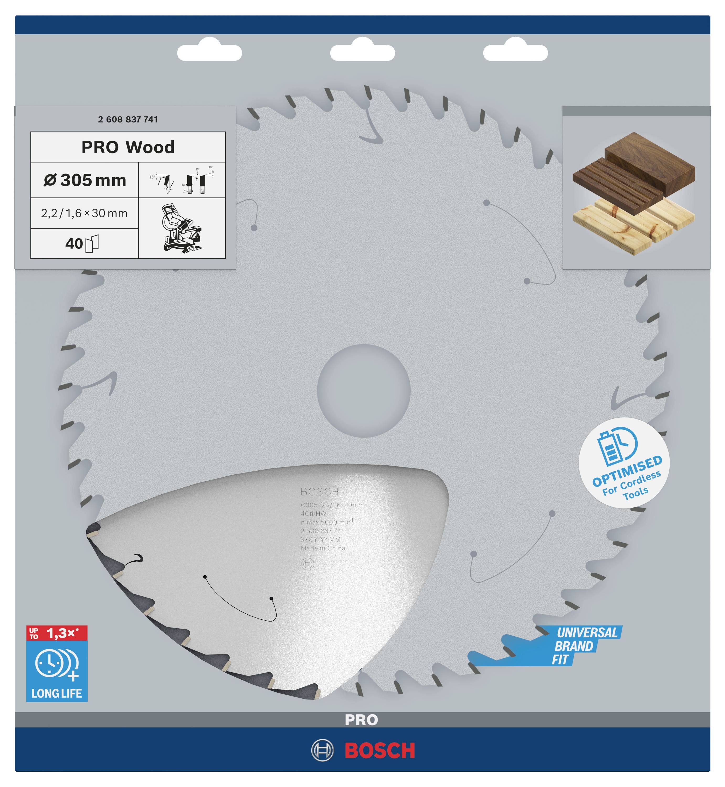 Lame de scie circulaire 'PRO Wood' de 305 mm de diamètre, adaptée pour le bois. L'emballage illustre la coupe dans des morceaux de bois. Marque Bosch.