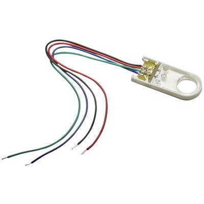 Un petit capteur électronique avec quatre câbles de transmission de données de couleurs distinctes (rouge, noir, bleu, vert).
