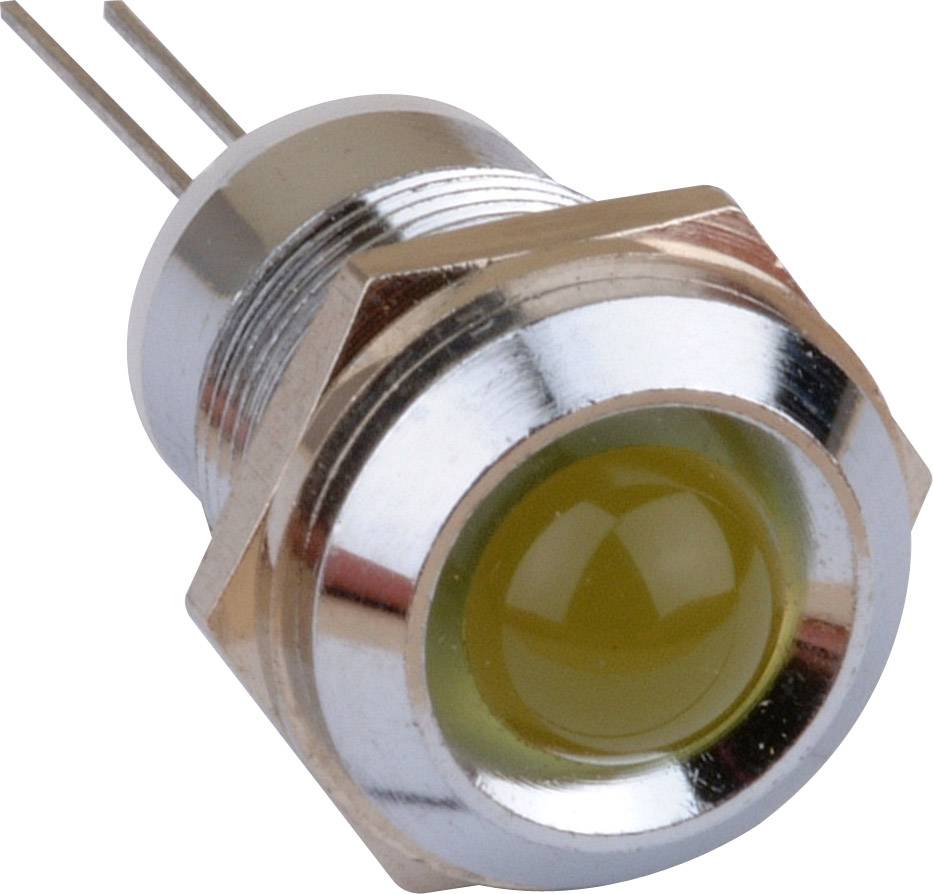 Interrupteur métallique avec bouton-poussoir jaune lumineux et deux broches de connexion, adapté aux appareils électriques.