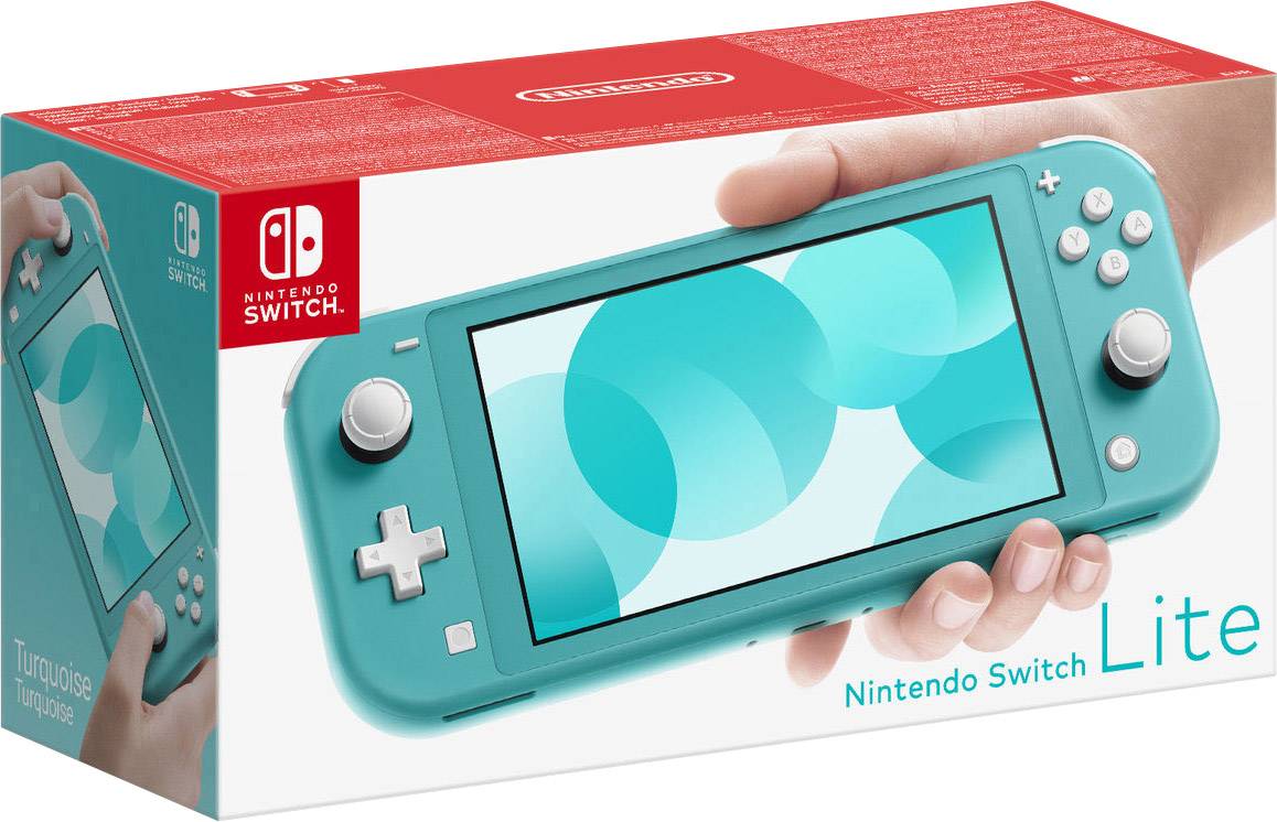 Une main tient une Nintendo Switch Lite de couleur turquoise. L'emballage montre l'appareil et le logo Nintendo.